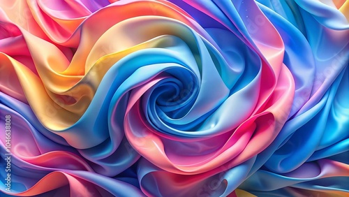 Abstract background featuring colorful fabric swirls and folds, capturing the texture and movement of textiles. Curvy translucent sheets form an abstract flowing shape. Dynamic motion, neon background