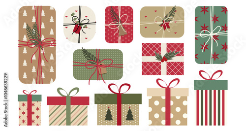 Set of Christmas Gift Boxes with Festive Wrapping, Minimalist and Elegant Design Featuring Various Patterns like Stripes, Polka Dots, and Decorative Ribbons, Retro Color Palette in Flat Style 