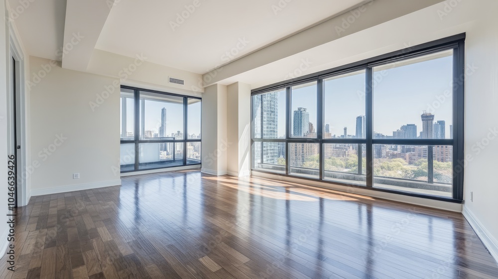 Obraz premium Spacious room with large windows and modern wooden floors.