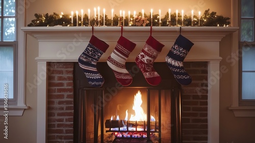 Hanukkah candles and Christmas stockings hanging by a fireplace, warm holiday ambiance photo