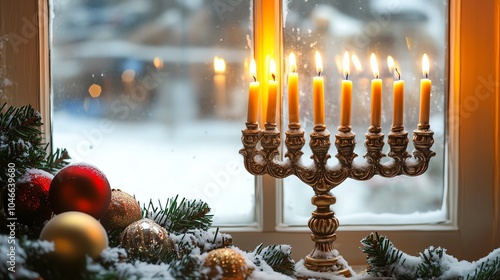 Menorah next to a snowy window with Christmas decorations, cozy holiday vibe photo