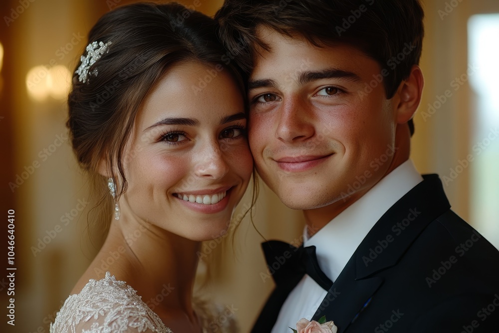 Happy bride and groom in wedding dresses, caucasian couple Happy bride and groom in wedding dresses, caucasian couple