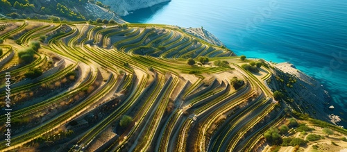 Wallpaper Mural The image displays a vineyard with a terraced layout on a hillside overlooking a body of water. Torontodigital.ca