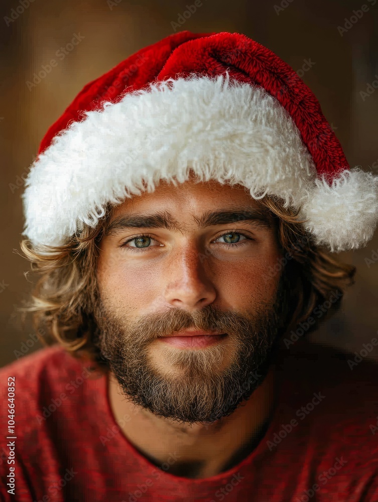 vertical male portrait of caucasian man in Santa hat on beige background vertical male portrait of caucasian man in Santa hat on beige background
