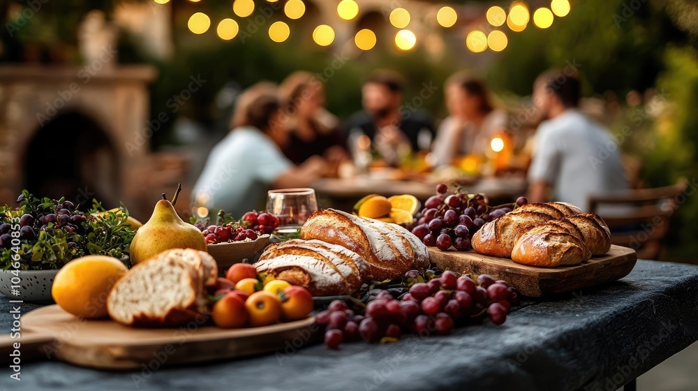 A rustic outdoor feast featuring breads, fruits, and glowing lights. A rustic outdoor feast featuring breads, fruits, and glowing lights.