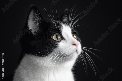 Black and white cat looking thoughtfully against dark background