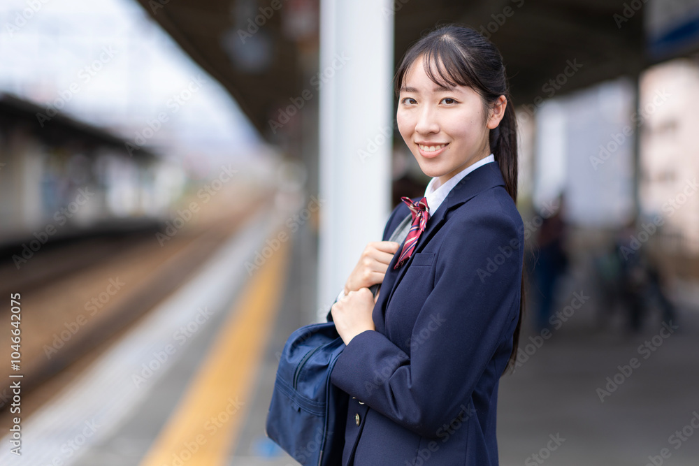 駅のホームに立つ女子高生 駅のホームに立つ女子高生