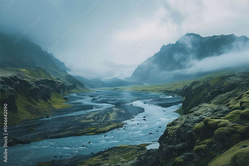 Majestic Mountains in Iceland With a Glacial River Under a Cloudy Sky Majestic Mountains in Iceland With a Glacial River Under a Cloudy Sky