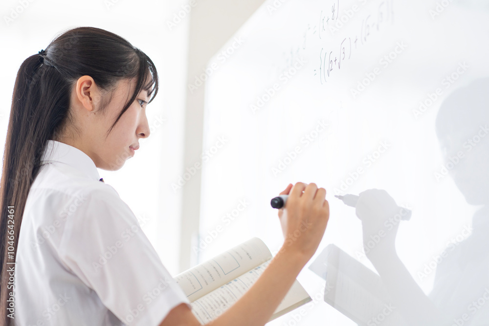 ホワイトボードに回答を書く学生 ホワイトボードに回答を書く学生