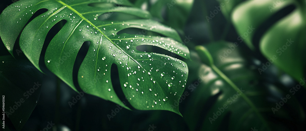 Fototapeta premium Closeup of Lush Green Monstera Leaf with Dew Drops