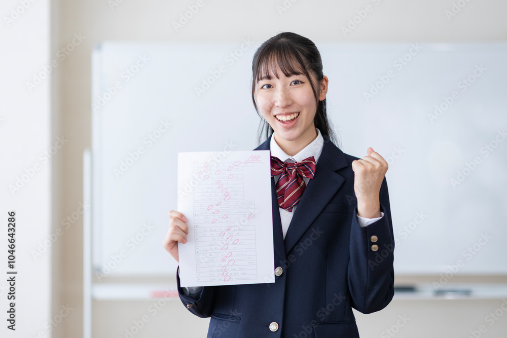 100点のテストを見せる学生 100点のテストを見せる学生