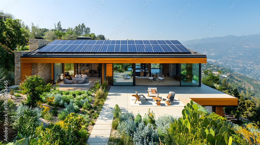 Obraz premium A stunning photography capturing the exterior of a hillside home, with an array of solar panels on the roof absorbing sunlight, framed by lush greenery and clear blue skies.