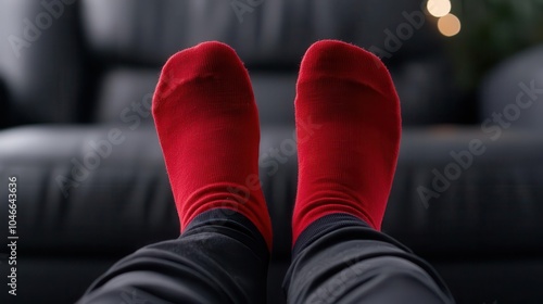 Cozy red socks on feet, relaxing at home, comfort vibe. photo