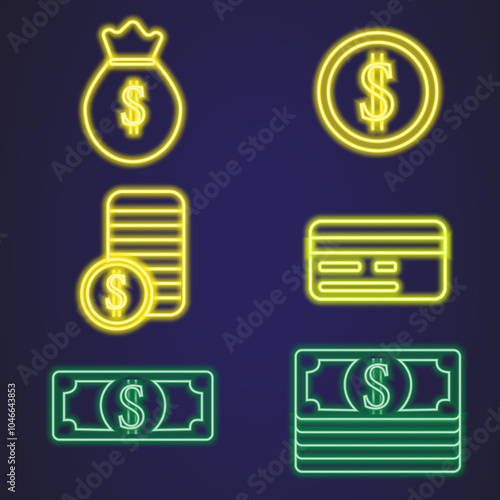 set of neon illustrations on the theme of calculation and money, coins,  cash, card