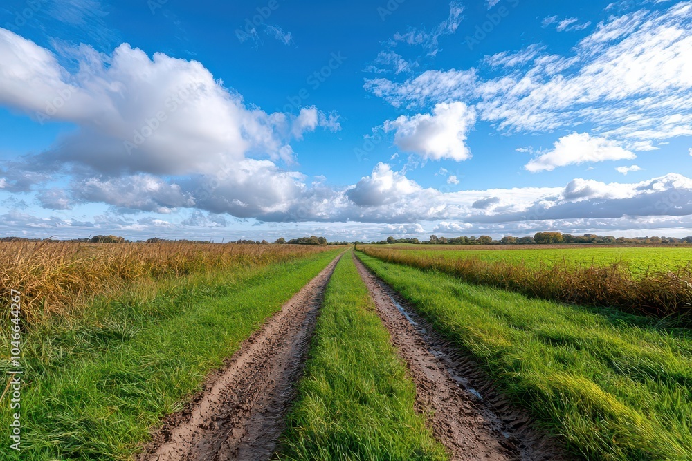 Dusty path through green fields under a blue sky and clouds. Dusty path through green fields under a blue sky and clouds.
