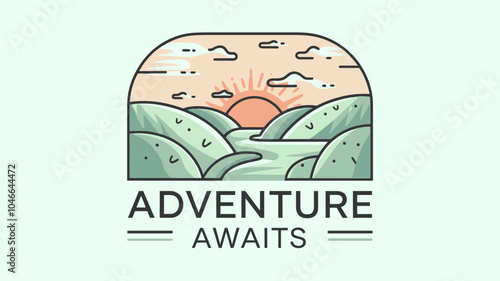 Stylized Travel Logo with Mountains, Water, and Trees for Adventure Branding
