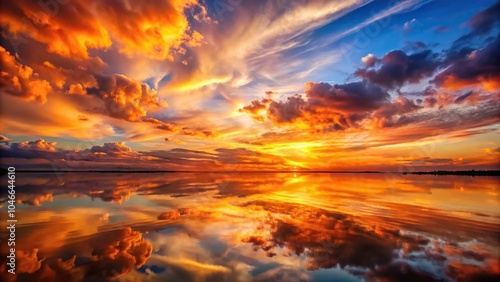 Sunset sky reflected on water creating orange clouds nature background