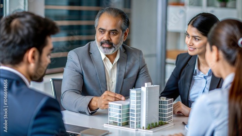 An Indian architect showcasing blueprints and 3D models to clients in a meeting. 