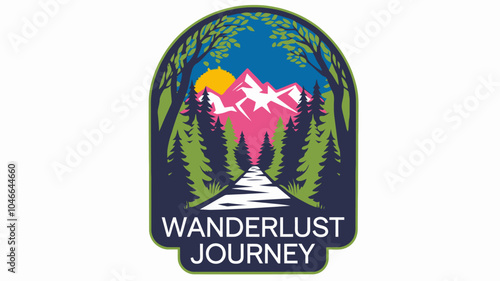 Stylized Travel Logo with Mountains, Water, and Trees for Adventure Branding
