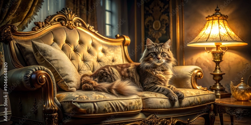 Fototapeta premium Royal Cat Relaxing on Luxurious Sofa in Elegant Night Setting | Night Photography, Feline Royalty, Cozy Atmosphere, Soft Lighting, Comfy Furniture, Cat Portrait, Home Decor