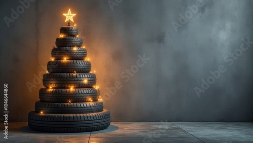christmas tree made of car tires with garland lights, festive holiday decoration, copyspace for text.
