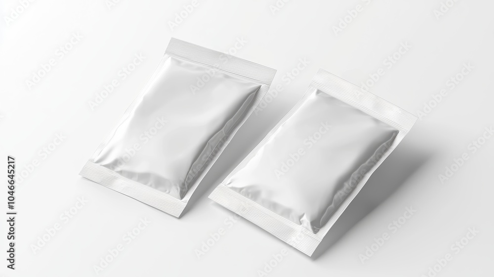 Two white packages of food are shown on a white background Two white packages of food are shown on a white background