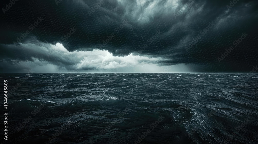 Fototapeta premium Stormy sea with dark clouds, dramatic skies over turbulent waters.