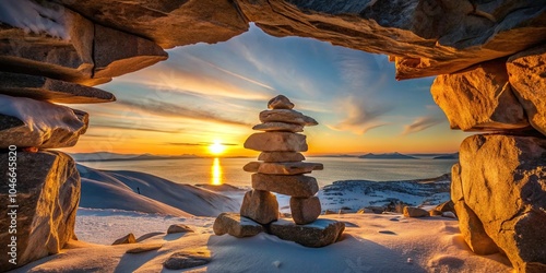 Sunset through Inuksuk in rough arctic landscape with sunstar on the horizon in the fjord of Qikiqtarjuaq Broughton Island Nunavut reflected photo