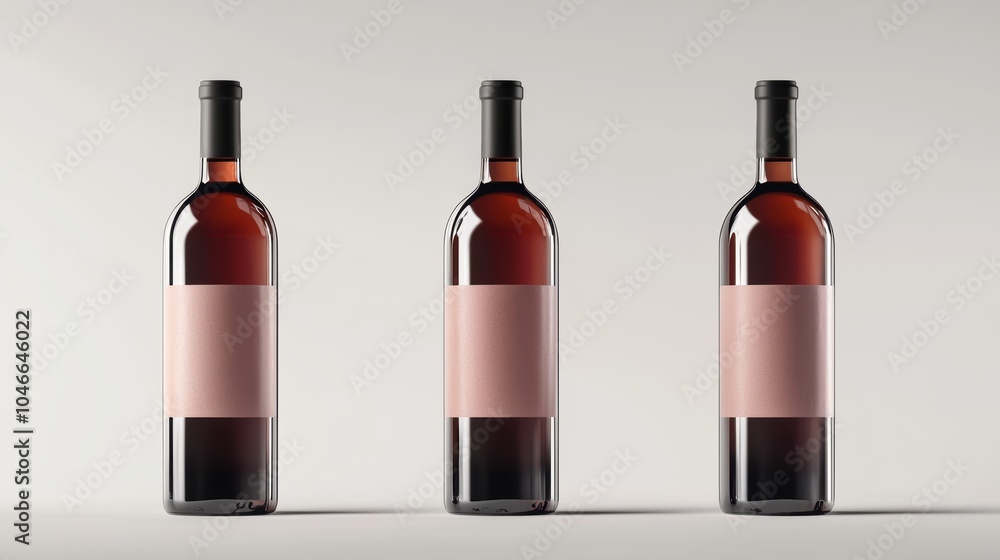 Three wine bottles with pink labels on them Three wine bottles with pink labels on them