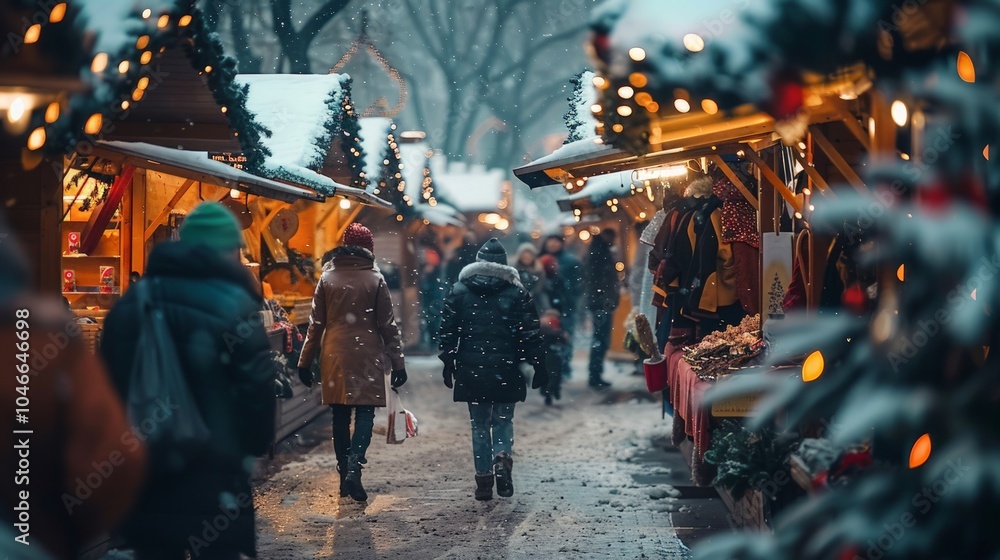 Festive Winter Market, vibrant stalls adorned with snow, sparkling lights, joyful shoppers immersed in holiday spirit, creating a lively seasonal atmosphere filled with cheer Festive Winter Market, vibrant stalls adorned with snow, sparkling lights, joyful shoppers immersed in holiday spirit, creating a lively seasonal atmosphere filled with cheer
