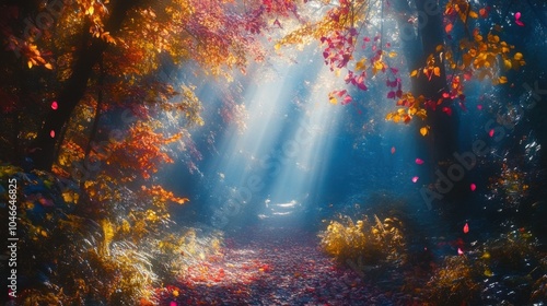 A misty forest path illuminated by rays of sunlight filtering through colorful leaves.