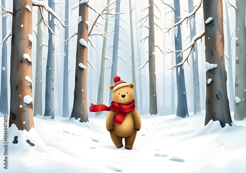 The bear child in red scarf in snow forest art illustration