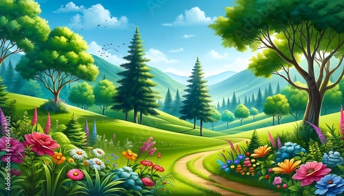 Serene mountain valley with blooming flowers, green trees, and rolling hills under a bright sunny sky