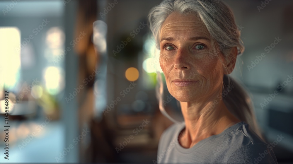 Serene Mature Woman with Grey Hair Gazing in Soft Indoor Light Serene Mature Woman with Grey Hair Gazing in Soft Indoor Light
