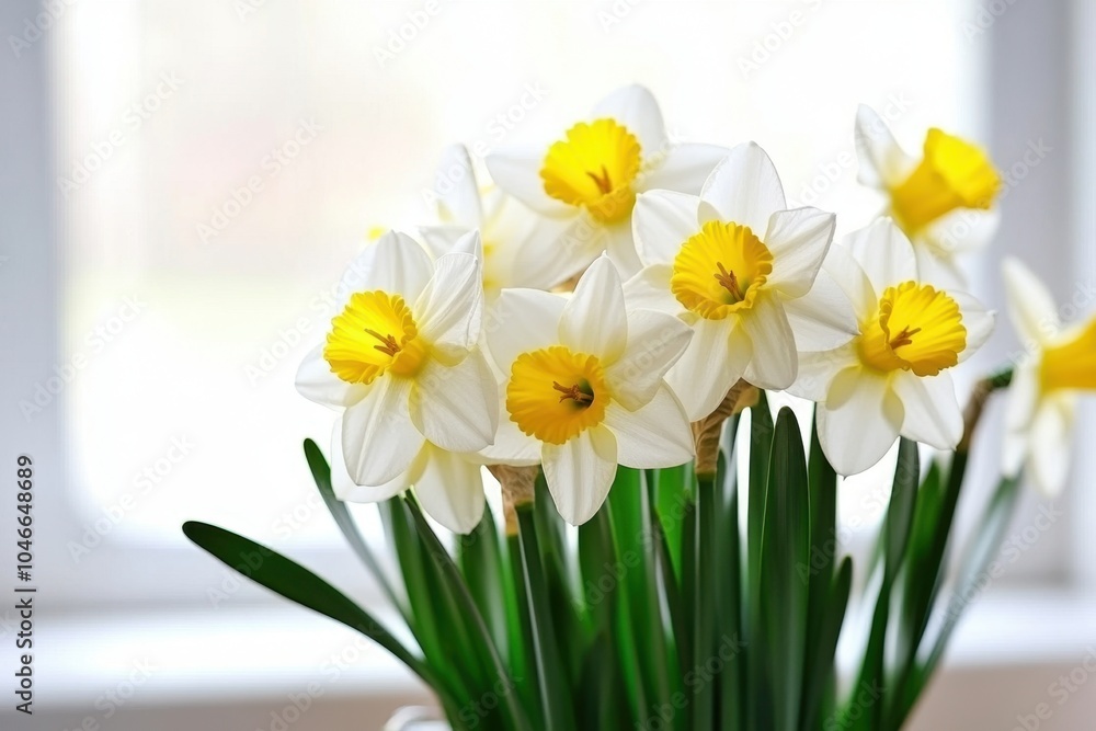 Beautiful blooming daffodils on sunny windowsill Beautiful blooming daffodils on sunny windowsill