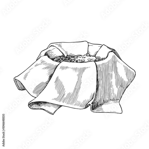 Vector hand-drawn illustration of dried herbs on a fabric for making a herbal pouch for hot Thai compress in the style of an engraving.