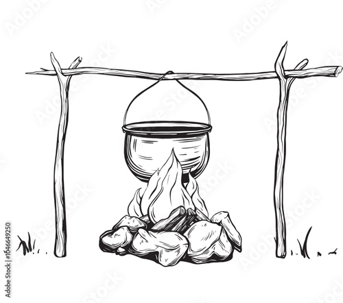 Camping Pot or boiler on Camp Fire with stones vector illustration. Hand drawn touristic Cauldron for travel or hiking in painted by black inks. Drawn equipment for camp cooking in expedition.