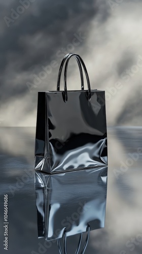 Elegant shopping bag mockup on reflective surface for branding design. photo