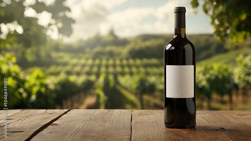Fototapeta premium Elegant wine bottle mockup with blank label on vineyard background for branding or design.