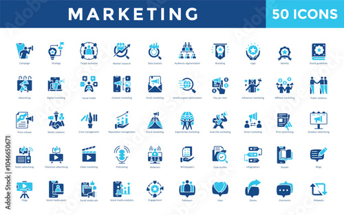 Marketing icon set with campaign, strategy, target audience, market research, data analysis, audience segmentation, branding, logo, identity, brand guidelines icon. Simple flat vector 
