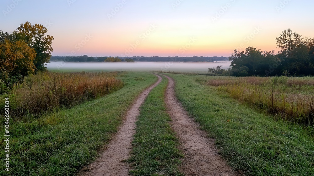 Serene dirt path through a foggy field at sunrise Serene dirt path through a foggy field at sunrise