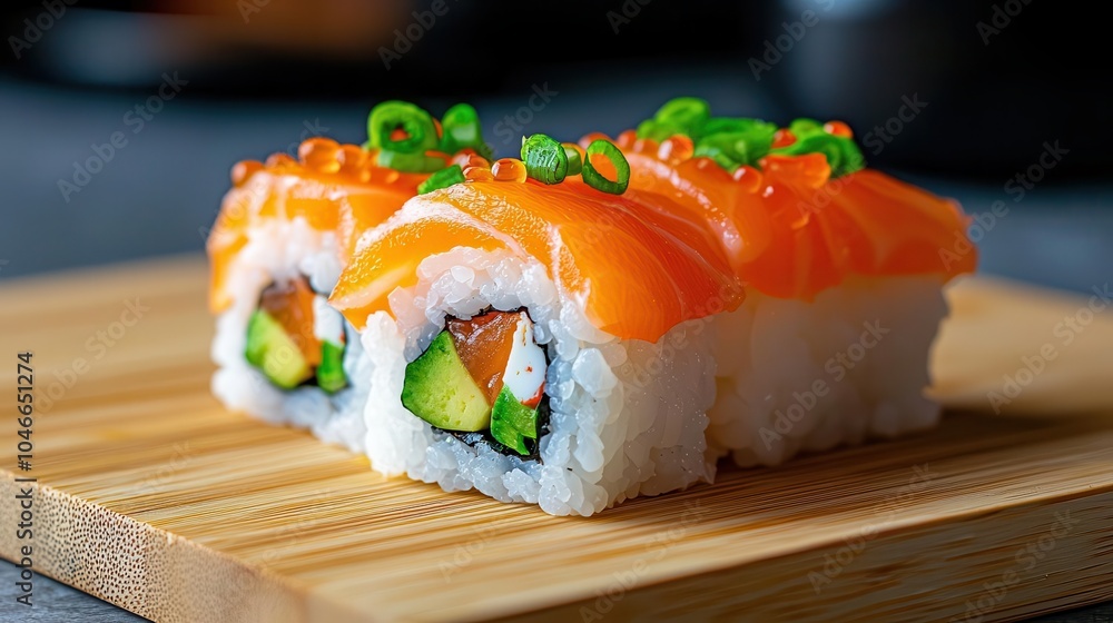 Sushi roll with salmon, avocado, and green onions, wooden board. Sushi roll with salmon, avocado, and green onions, wooden board.
