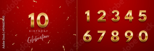 Birthday anniversary golden numbers set template with number 10. Celebration birthday vector background. Gold numbers on red backdrop with confetti for party invitation, greeting card, poster, event.