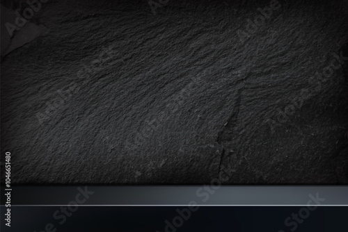 Black stone wall with limbo effect background. Dark gray wall of studio, room, with stand for product display. Modern horizontal banner with empty place for advertising. Abstract vector illustration.