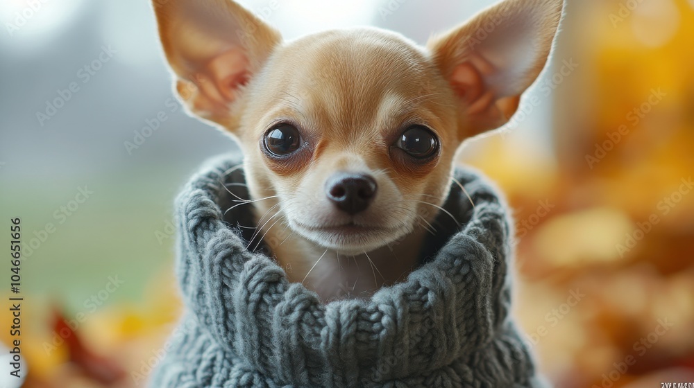 Adorable Chihuahua puppy wearing a tiny sweater, 4K hyperrealistic photo Adorable Chihuahua puppy wearing a tiny sweater, 4K hyperrealistic photo