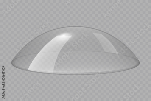 Glass dome, transparent ball, clear plastic cover. Empty glass protection case for product display. Force field shield bubble. Christmas snow globe. 3D realistic vector isolated on transparent.