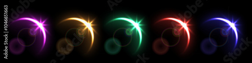 Solar eclipse overlay effect on black background vector set. Collection of different neon blazing star edge behind planet in dark sky or space, sunrise in cosmos.