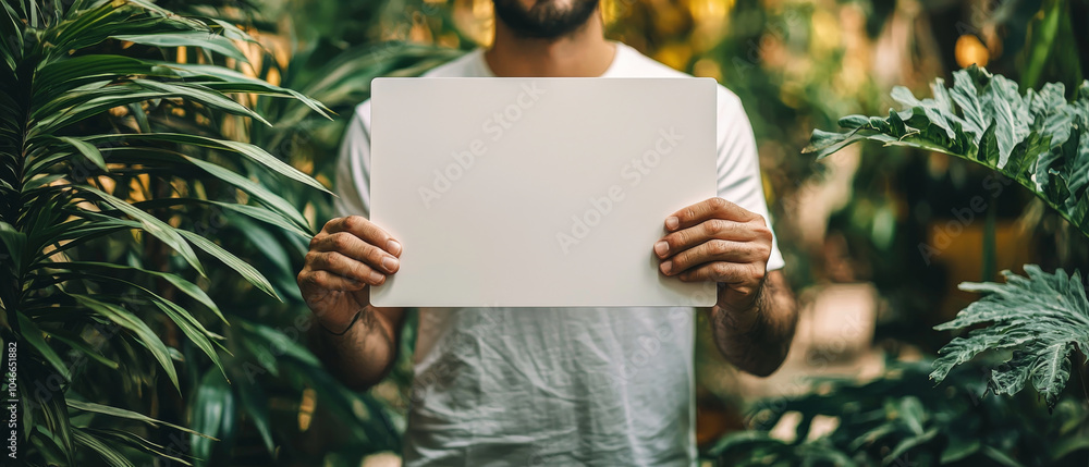 man holding large white screen stands amidst lush green plants, creating serene and natural atmosphere. scene evokes sense of calm and tranquility man holding large white screen stands amidst lush green plants, creating serene and natural atmosphere. scene evokes sense of calm and tranquility