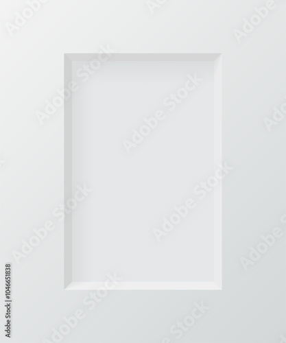 3d wall niche. Empty white rectangle shelf. Rectangular vertical inside frame. Display stand, showcase mockup. Showroom, gallery, studio or shop product presentation. Realistic vector illustration.