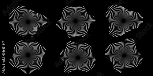 Circular sound waves. Abstract circular lines pattern. Music audio bursts. Ring of thin rays with wavy silhouette. Radial spectrum design. White geometric waveform vector set isolated on black.